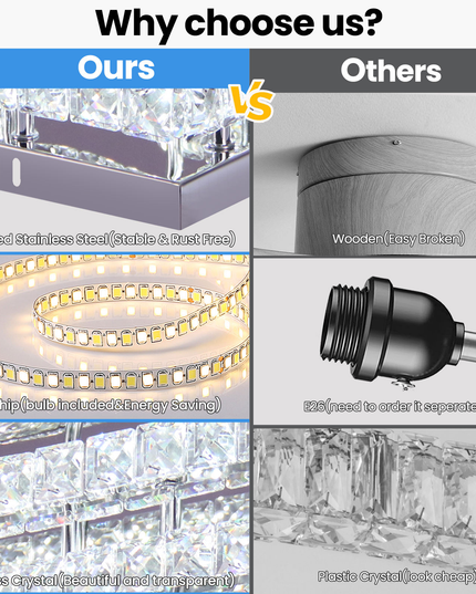 3-Tier Rectangular LED K9 Crystal Ceiling Chandelier