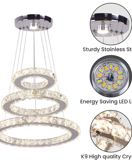 Modern 3-Ring Round K9 Crystal Pendant Chandelier