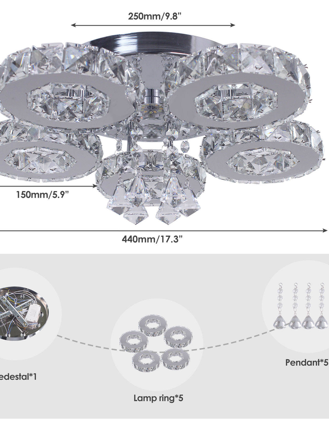 5-Ring LED Ceiling Light K9 Crystal Ceiling Chandelier