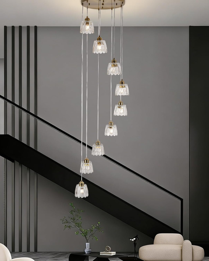 Modern 9-Light Gold Glass Long Pendant Light (Adjustable Drop)