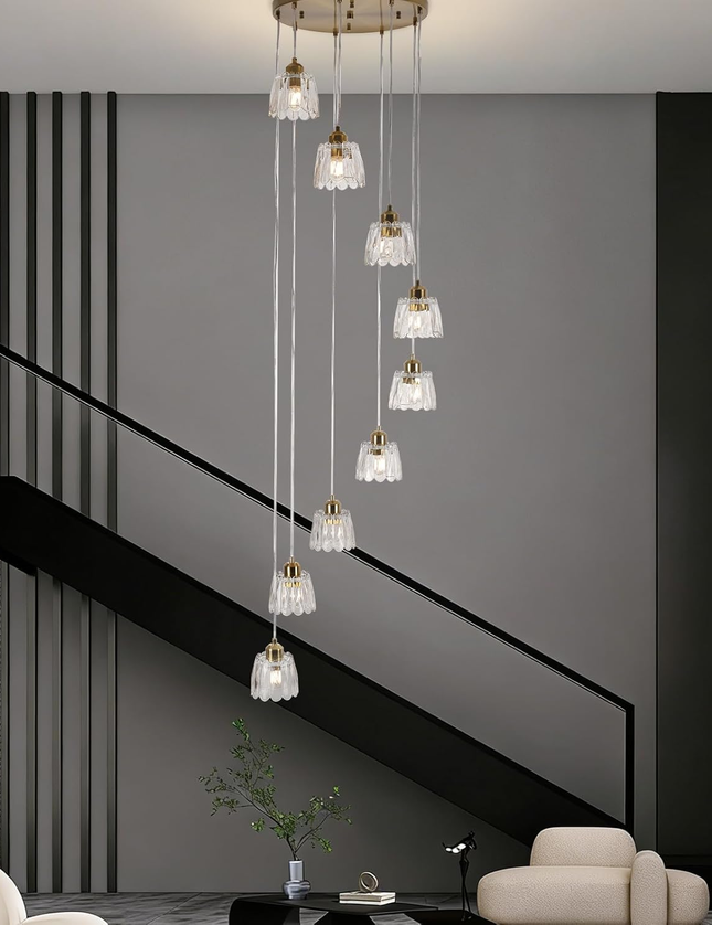 Modern 9-Light Gold Glass Long Pendant Light (Adjustable Drop)