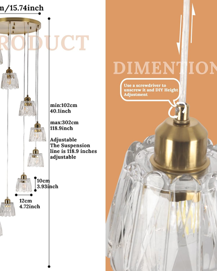 Modern 9-Light Gold Glass Long Pendant Light (Adjustable Drop)