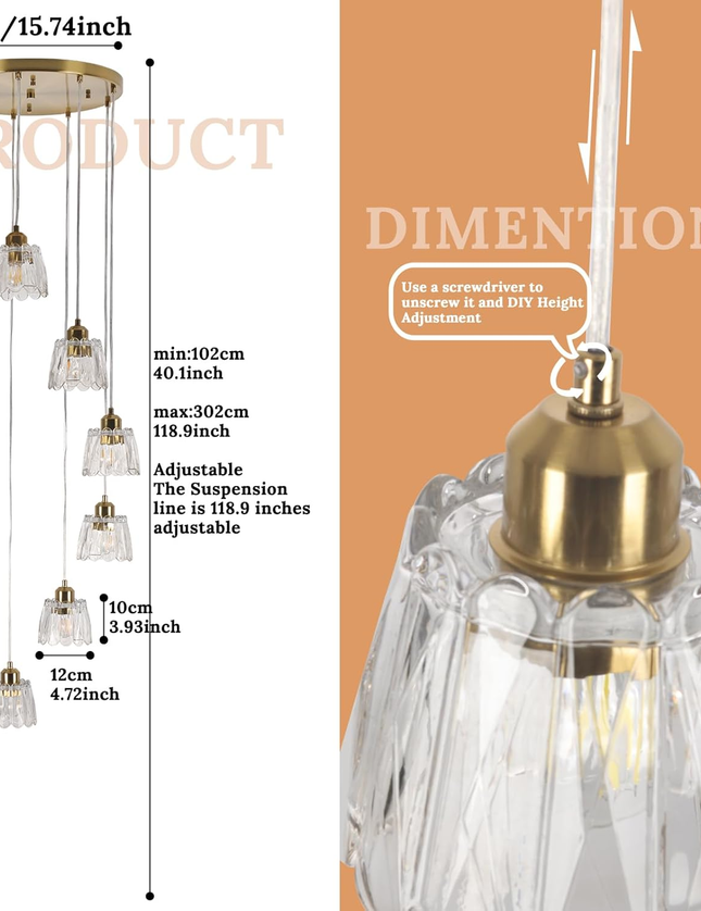Modern 9-Light Gold Glass Long Pendant Light (Adjustable Drop)