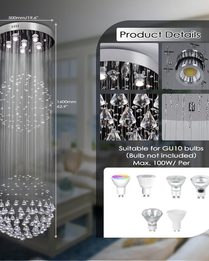 Luxury Raindrop Chandelier – 50x160cm – Flush Mount for Staircase/Foyer