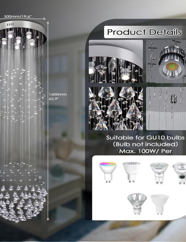 Luxury Raindrop Chandelier – 50x160cm – Flush Mount for Staircase/Foyer