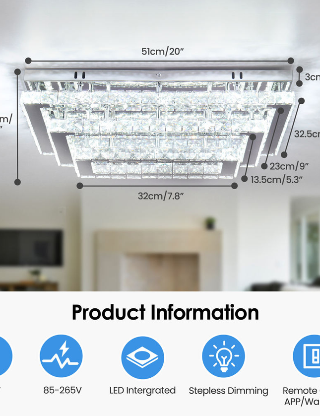 3-Tier Rectangular LED K9 Crystal Ceiling Chandelier