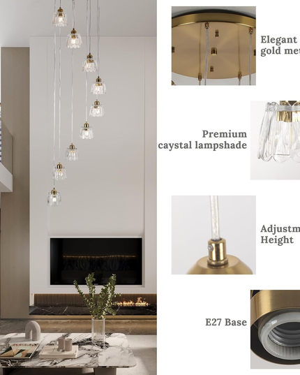 Modern 9-Light Gold Glass Long Pendant Light (Adjustable Drop)