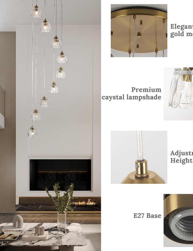 Modern 9-Light Gold Glass Long Pendant Light (Adjustable Drop)