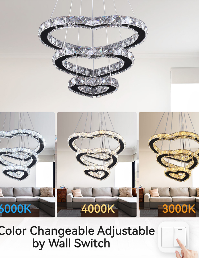 Modern Luxury 3 Hearts Rings Crystal Chandelier