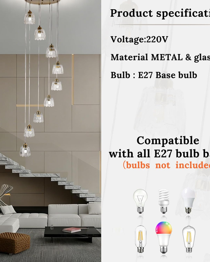 Modern 9-Light Gold Glass Long Pendant Light (Adjustable Drop)