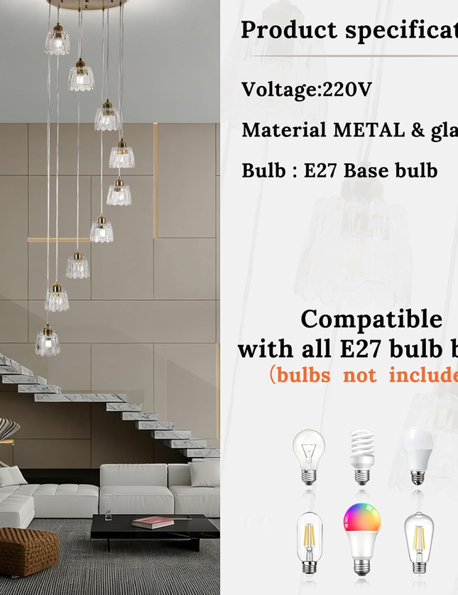 Modern 9-Light Gold Glass Long Pendant Light (Adjustable Drop)