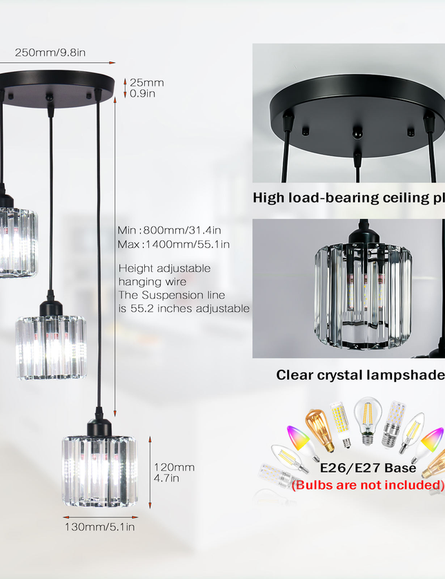 3 Heads Crystal Chandelier Ceiling Light