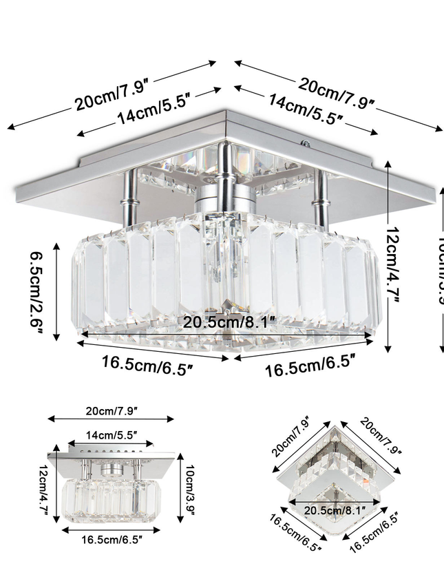 7.8" Modern Square K9 Crystal LED Ceiling Light