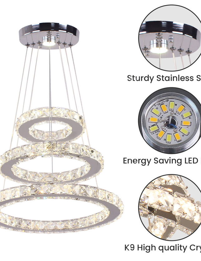 Modern 3-Ring Round K9 Crystal Pendant Chandelier