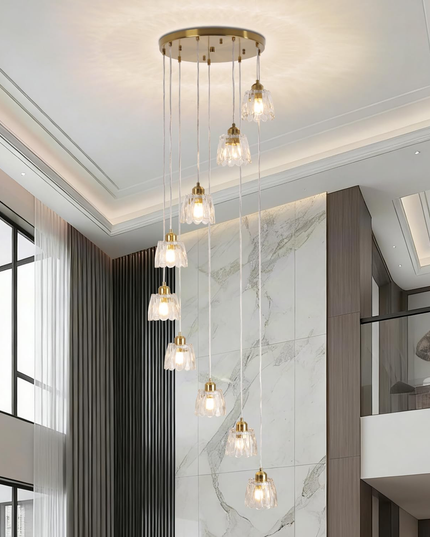 Modern 9-Light Gold Glass Long Pendant Light (Adjustable Drop)