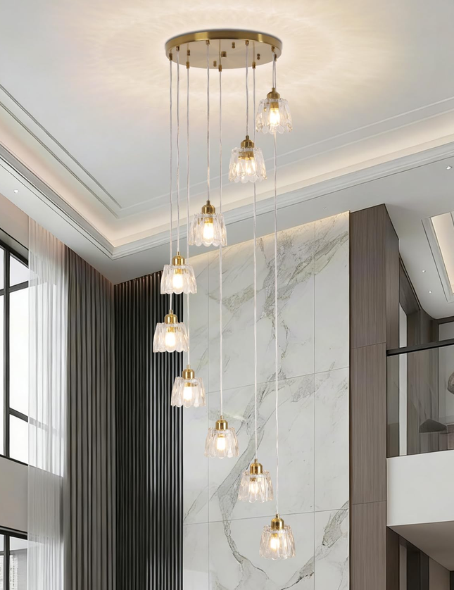 Modern 9-Light Gold Glass Long Pendant Light (Adjustable Drop)