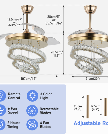 42'' Modern K9 Crystal LED Ceiling Fan with Light