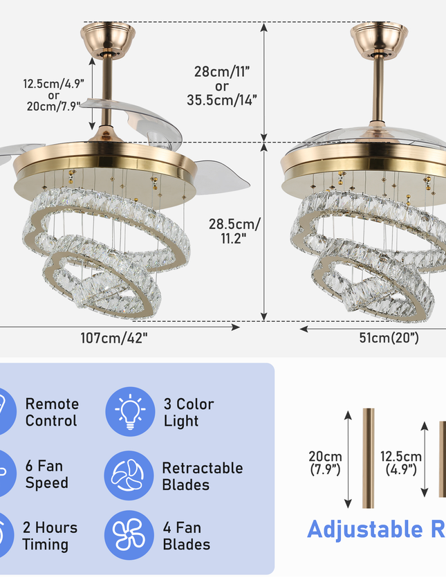 42'' Moderner K9 Kristall-LED-Deckenventilator mit Beleuchtung