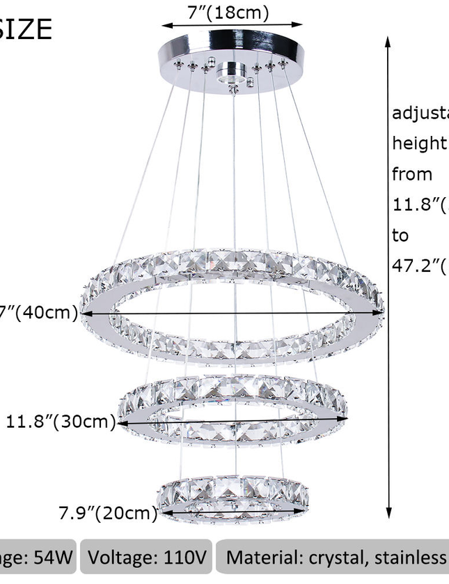Modern 3-Ring Round K9 Crystal Pendant Chandelier