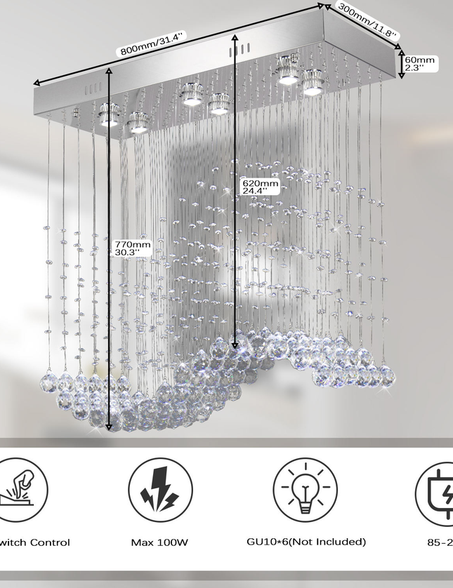Long Hanging Wave LED Crystal Chandelier