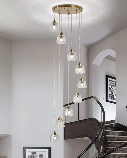 Modern 9-Light Gold Glass Long Pendant Light (Adjustable Drop)