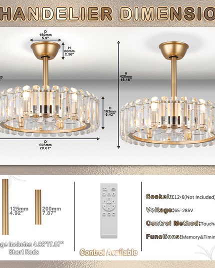 Gold LED E12 Ceiling Fan Light with Remote Control