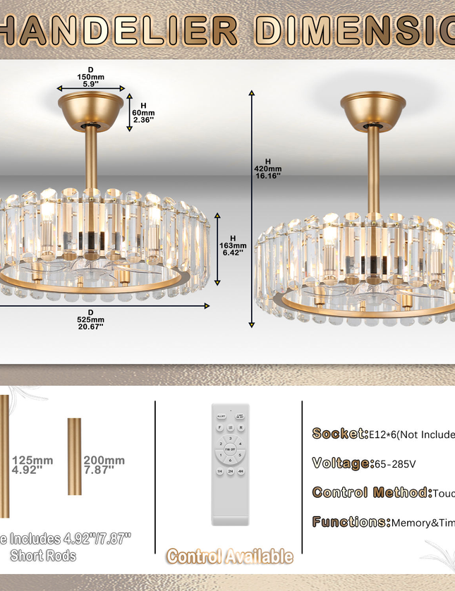 Goldene LED-Deckenventilatorleuchte E12 mit Fernbedienung