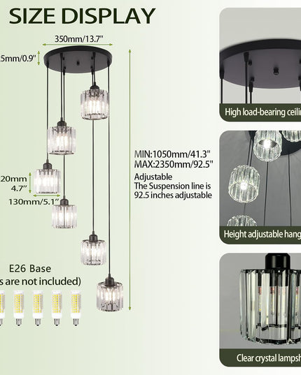 6-Light Adjustable Crystal Chandelier – Black
