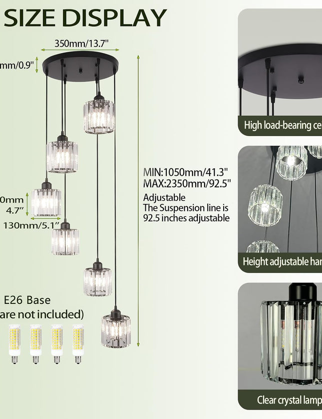 6-Light Adjustable Crystal Chandelier – Black