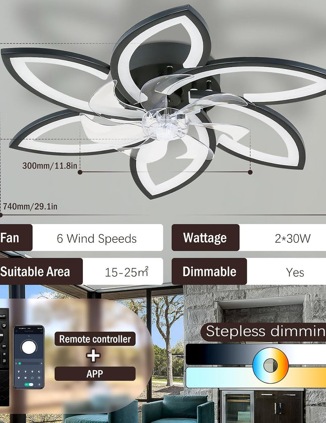 29.1" Black Flush Mount Fan Light with Remote