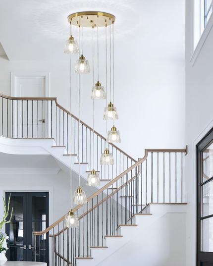 Modern 9-Light Gold Glass Long Pendant Light (Adjustable Drop)
