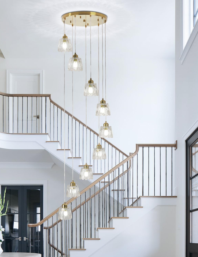 Modern 9-Light Gold Glass Long Pendant Light (Adjustable Drop)