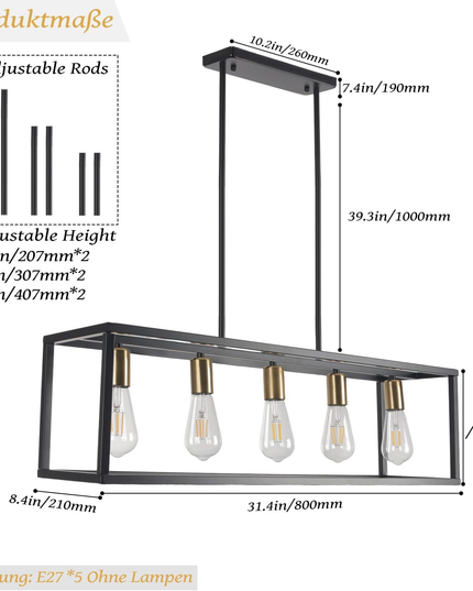 Black 5-Light Rustic Industrial Chandelier E27 for Dining Kitchen Island Bedroom