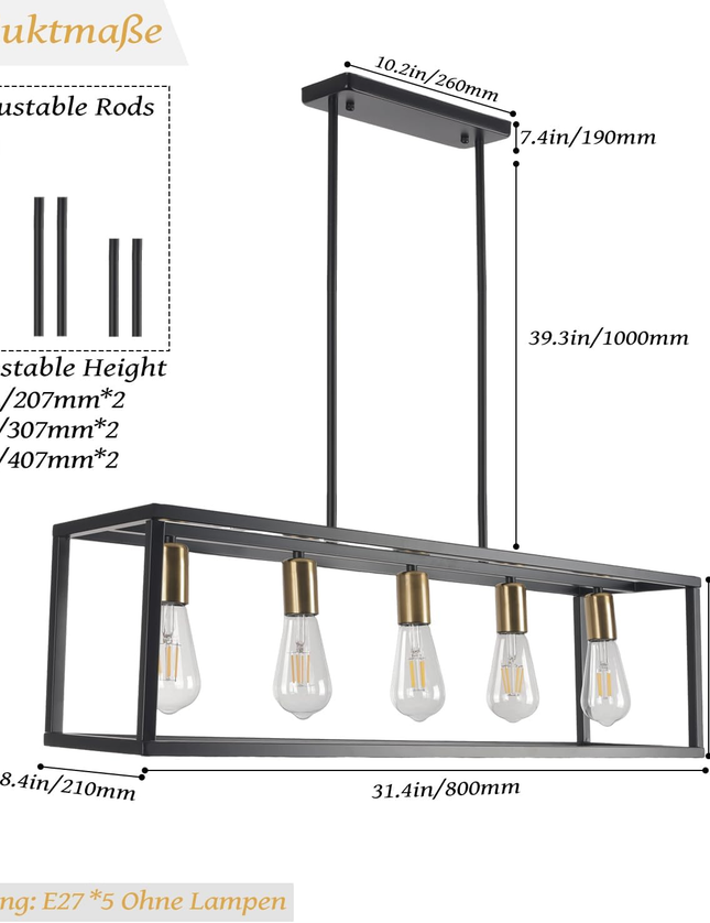 Black 5-Light Rustic Industrial Chandelier E27 for Dining Kitchen Island Bedroom
