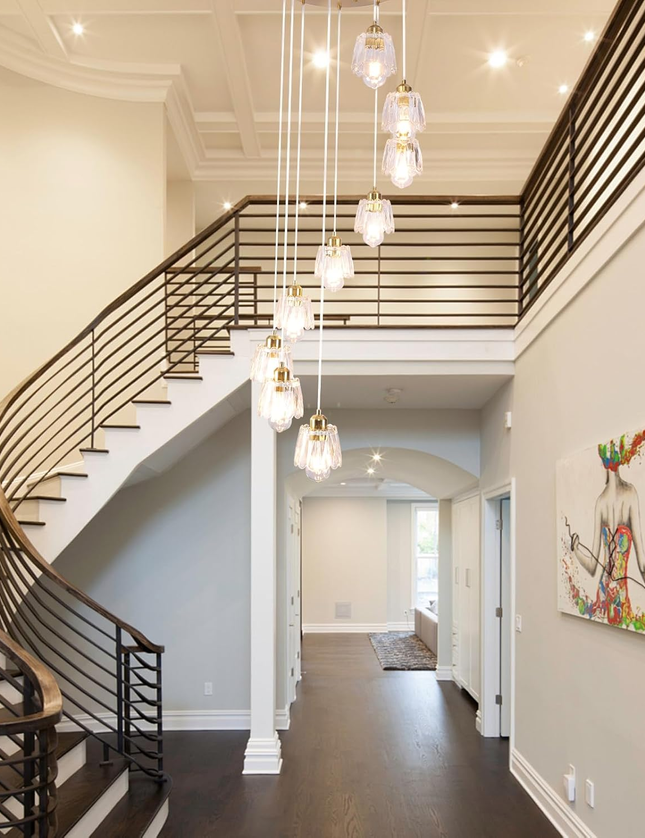 Modern 9-Light Gold Glass Long Pendant Light (Adjustable Drop)